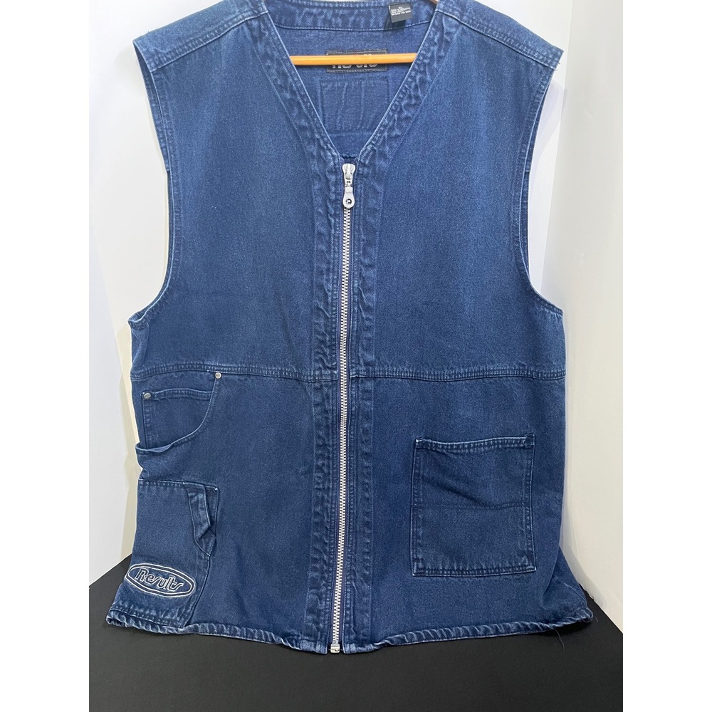 Vintage Get Results Denim Utility Vest Mens XL Blue Full Zip Multi Pocket Y2K